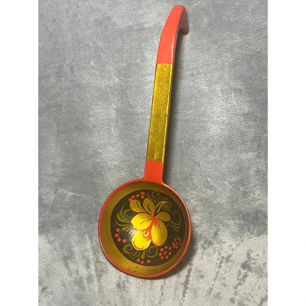Vintage Hand Painted Wooden Ladle Spoon Folk Art Floral Red Black 11in